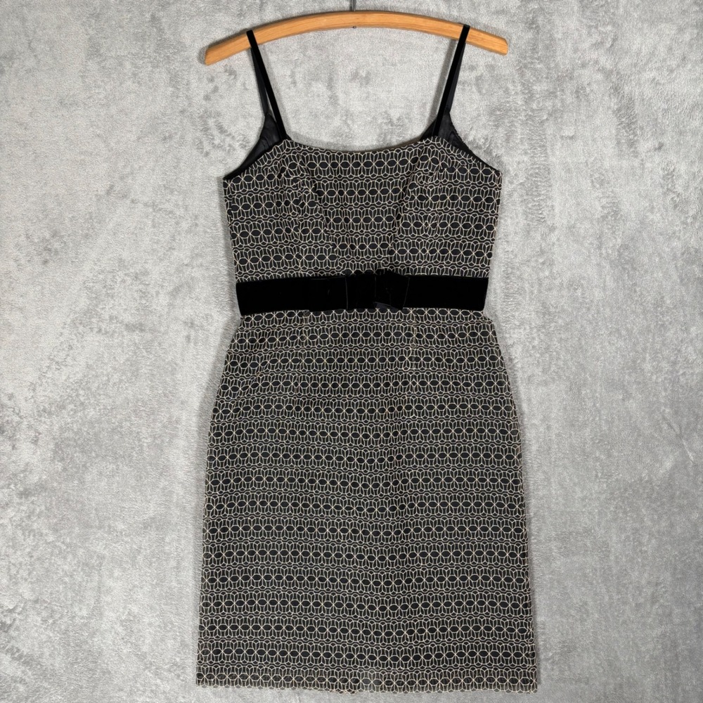 Milly of New York Sheath Dress Black Tan Geometric Silk Blend Velvet Bow Size 10